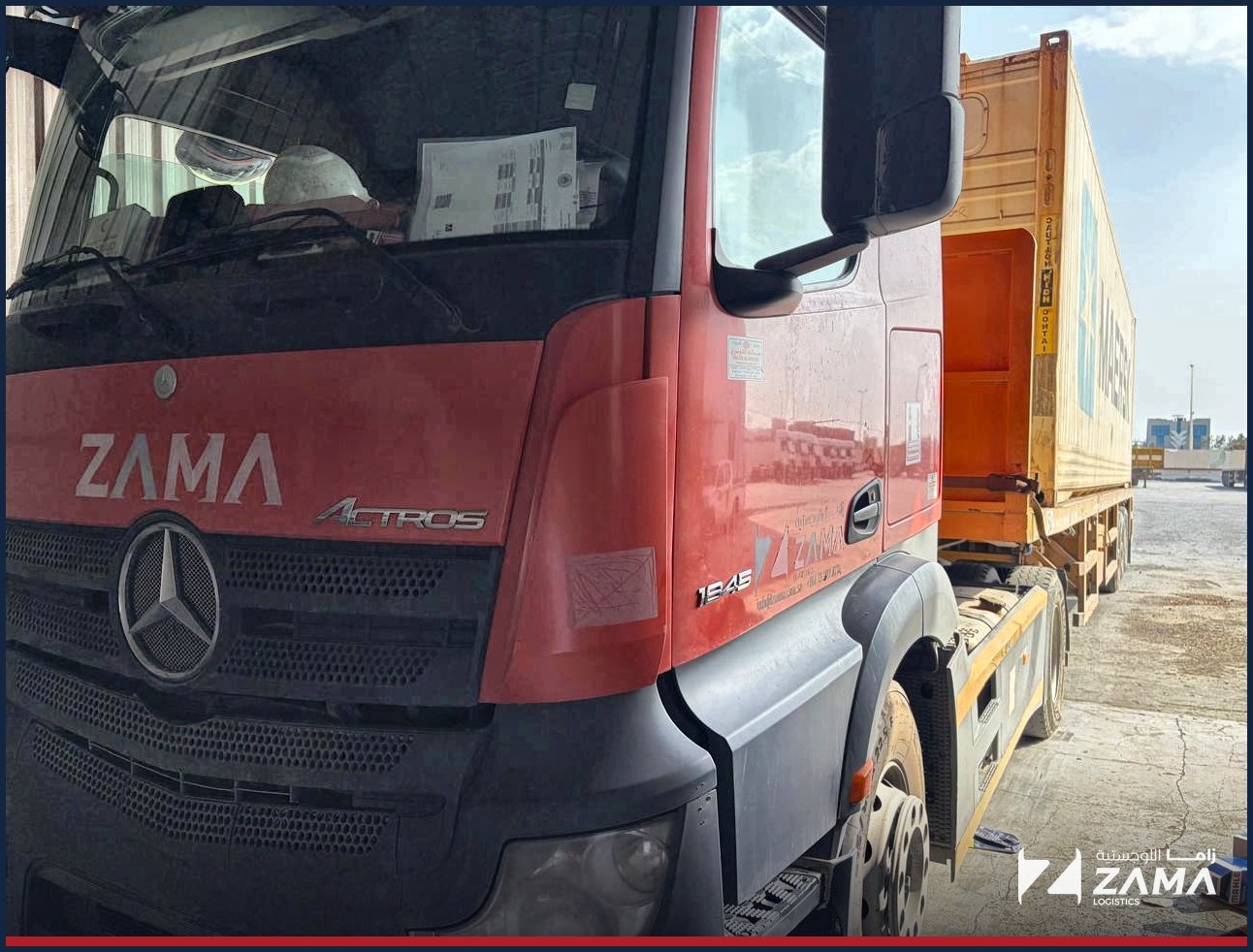 Zama truck transporting a refrigerated container in transit between Jeddah Port and Dammam Port